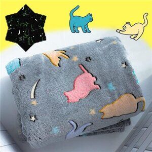 Glow In The Dark Cat Throw Blanket Kids Soft Flannel Grey Blanket Gift